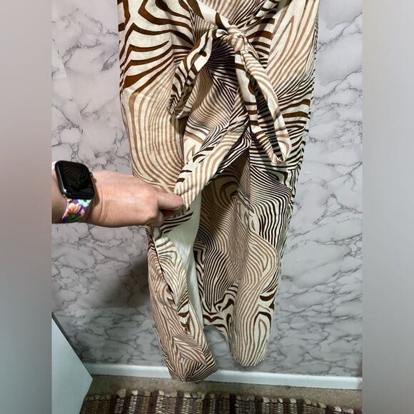 REISS Linen Blend Zebra Print Dress Size 10 Cream Brown Surplice Tie Waist Midi - Picture 5 of 14